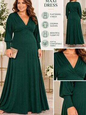 24Seven Comfort Apparel 3X Emerald Green Maxi Dress Long Sleeve V Neck Flowy